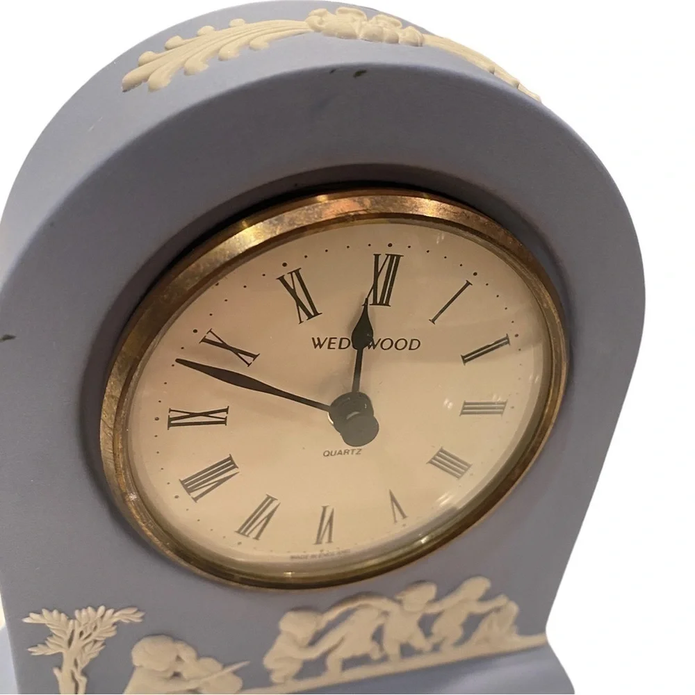 Wedgwood Portland Blue Jasperware Dome Mantel Clock with Cherubs Roman Numerals